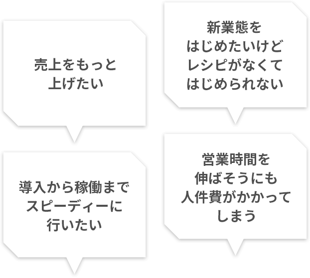 売り上げをもっと上げたい、新業態をはじめたいけどレシピがなくてはじめられない、導入から稼働までスピーディーに行いたい、営業時間を伸ばそうにも人件費がかかってしまう